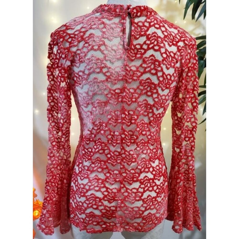 Umgee Retro Vintage Sheer Floral Lace Bell Sleeve Top Womens Size S Keyhole Neck - Picture 5 of 11